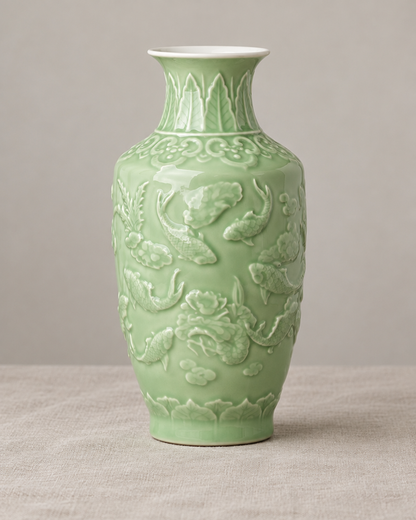 Celadon Green Embossed Relief Vase, shown alone on a linen background