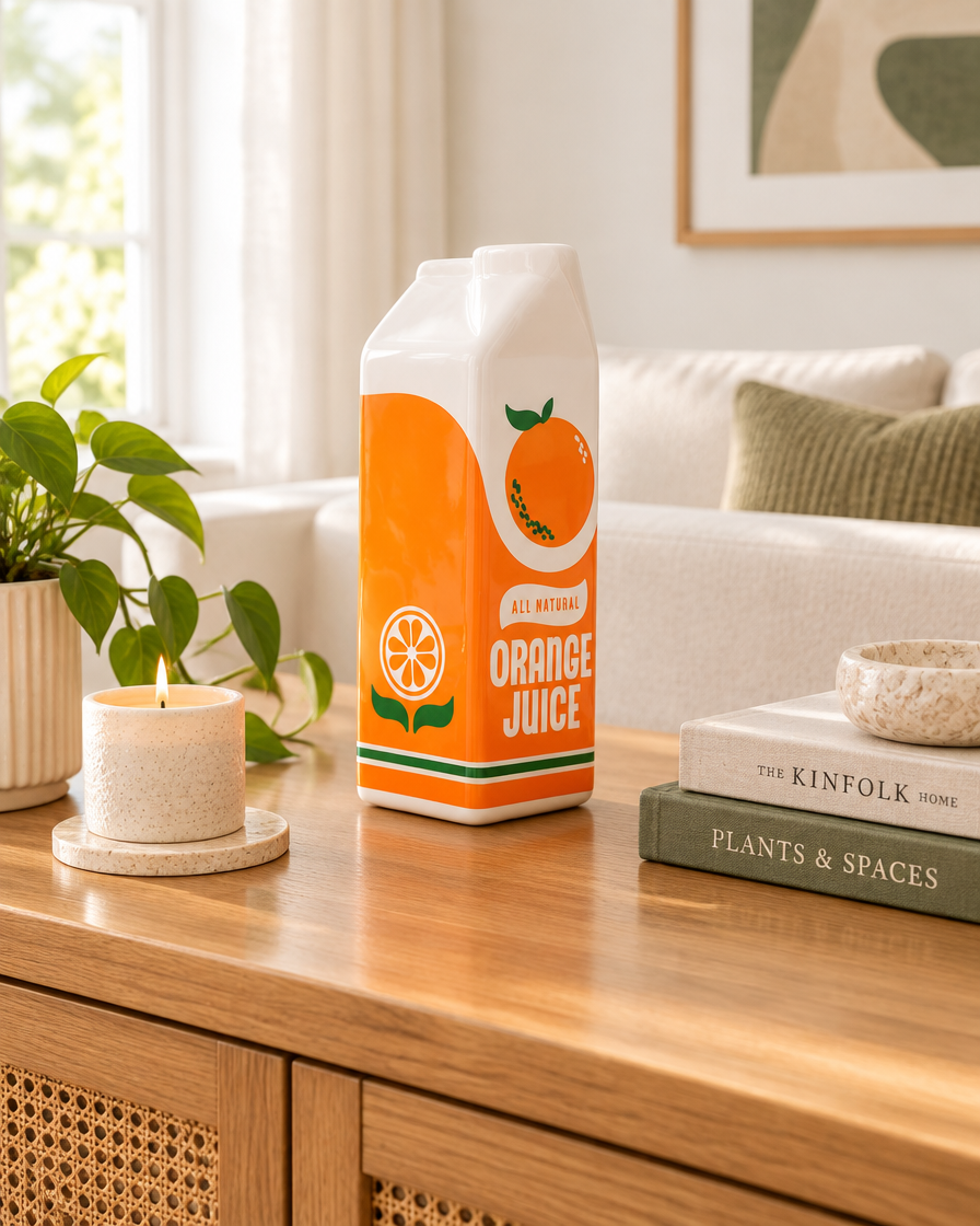 Orange Juice Carton Ceramic Vase on a console table