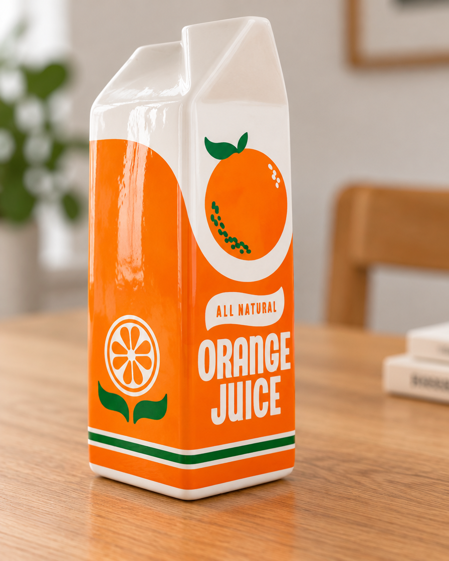 Close-up of the finish of the orange juice carton ceramic vase