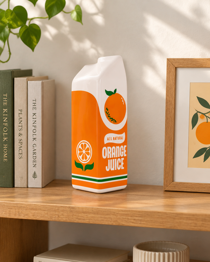 Orange Juice Carton Ceramic Vase on a wooden shelf