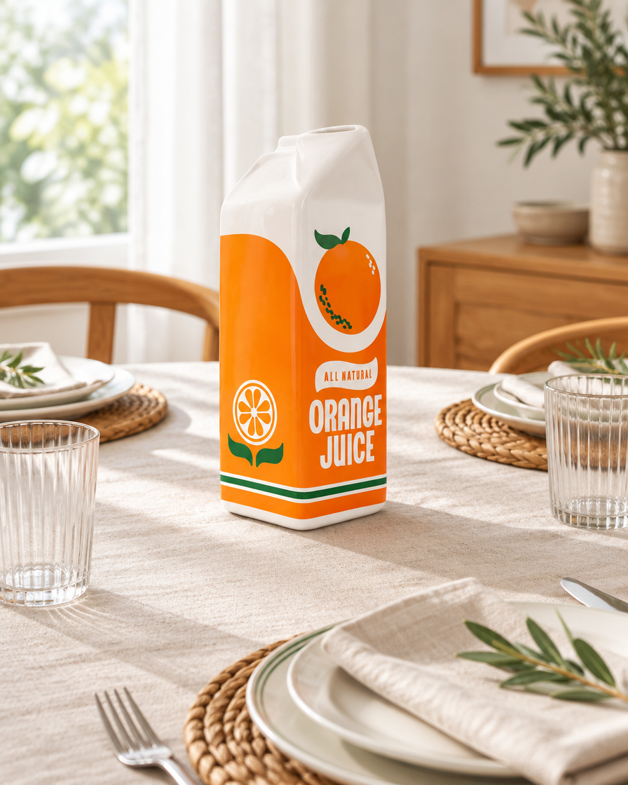 Orange Juice Carton Ceramic Vase on a dining table