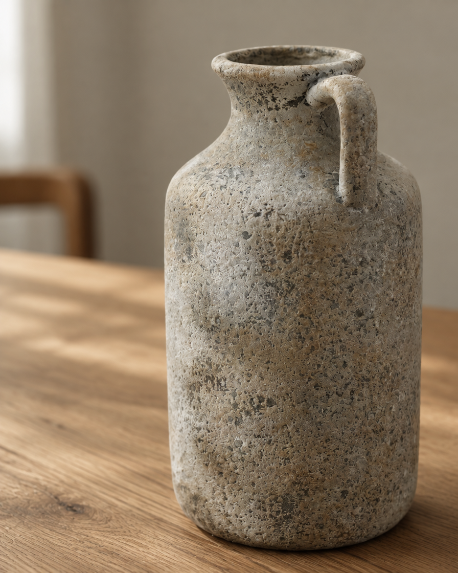 Close-up of the finish of the rustic speckled grey ceramic jug vase