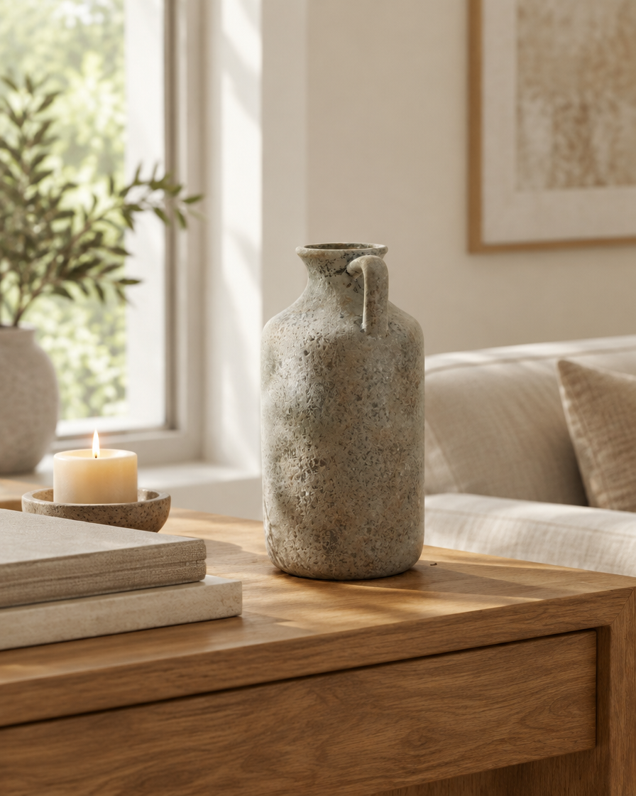 Rustic Speckled Grey Ceramic Jug Vase on a console table