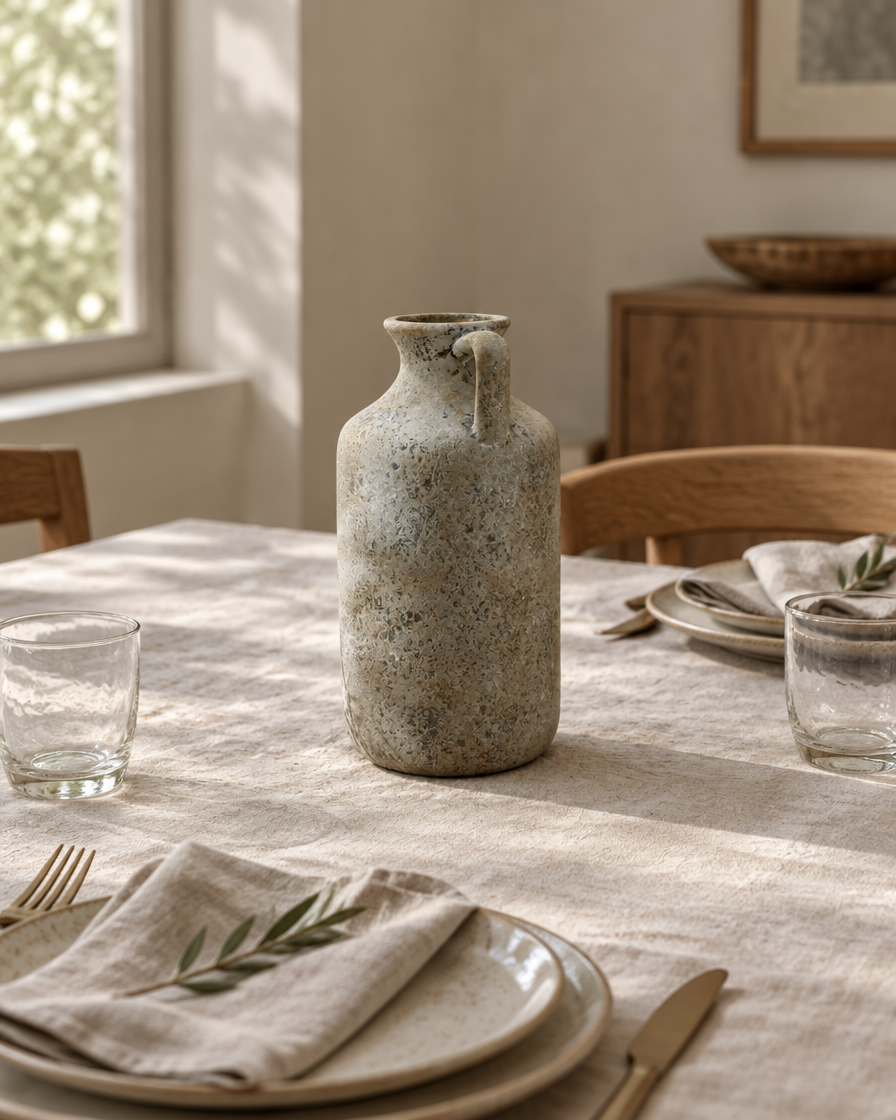 Rustic Speckled Grey Ceramic Jug Vase on a dining table
