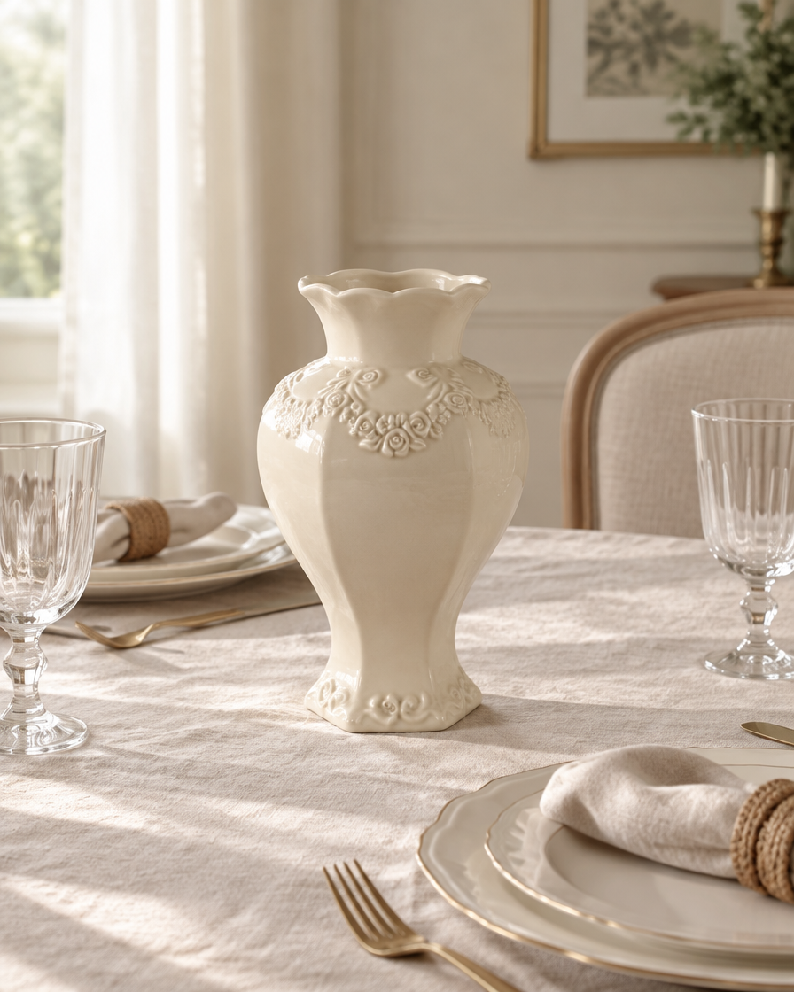 Cream Faceted Ceramic Vase with Embossed Floral Relief on a dining table