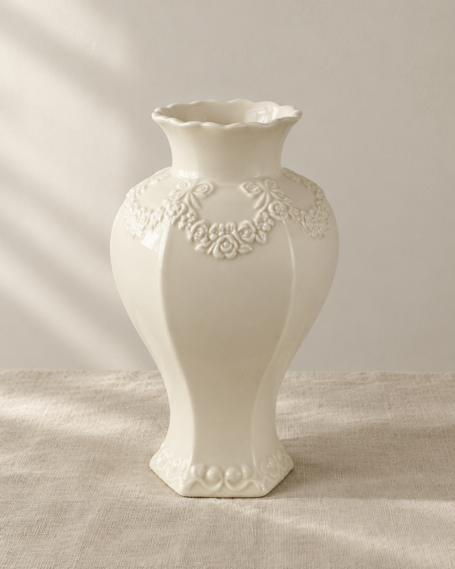 Cream Faceted Ceramic Vase with Embossed Floral Relief, shown alone on a linen background