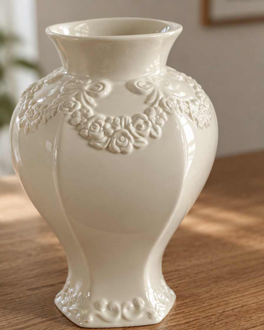 Close-up of the finish of the cream faceted ceramic vase with embossed floral relief