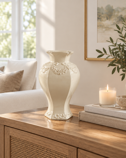 Cream Faceted Ceramic Vase with Embossed Floral Relief on a console table