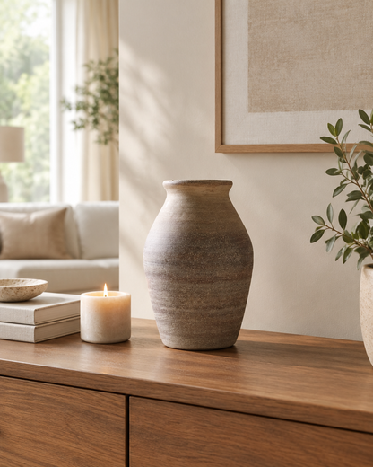 Rustic Taupe Clay Ceramic Vase on a console table