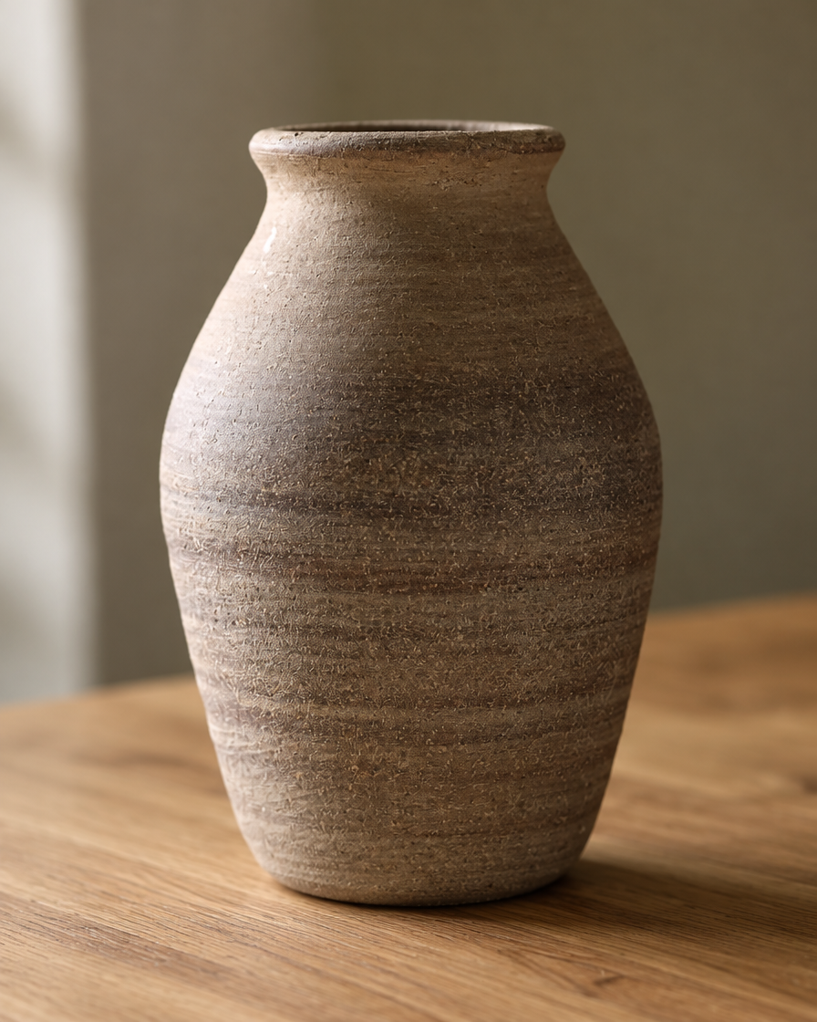 Close-up of the finish of the rustic taupe clay ceramic vase
