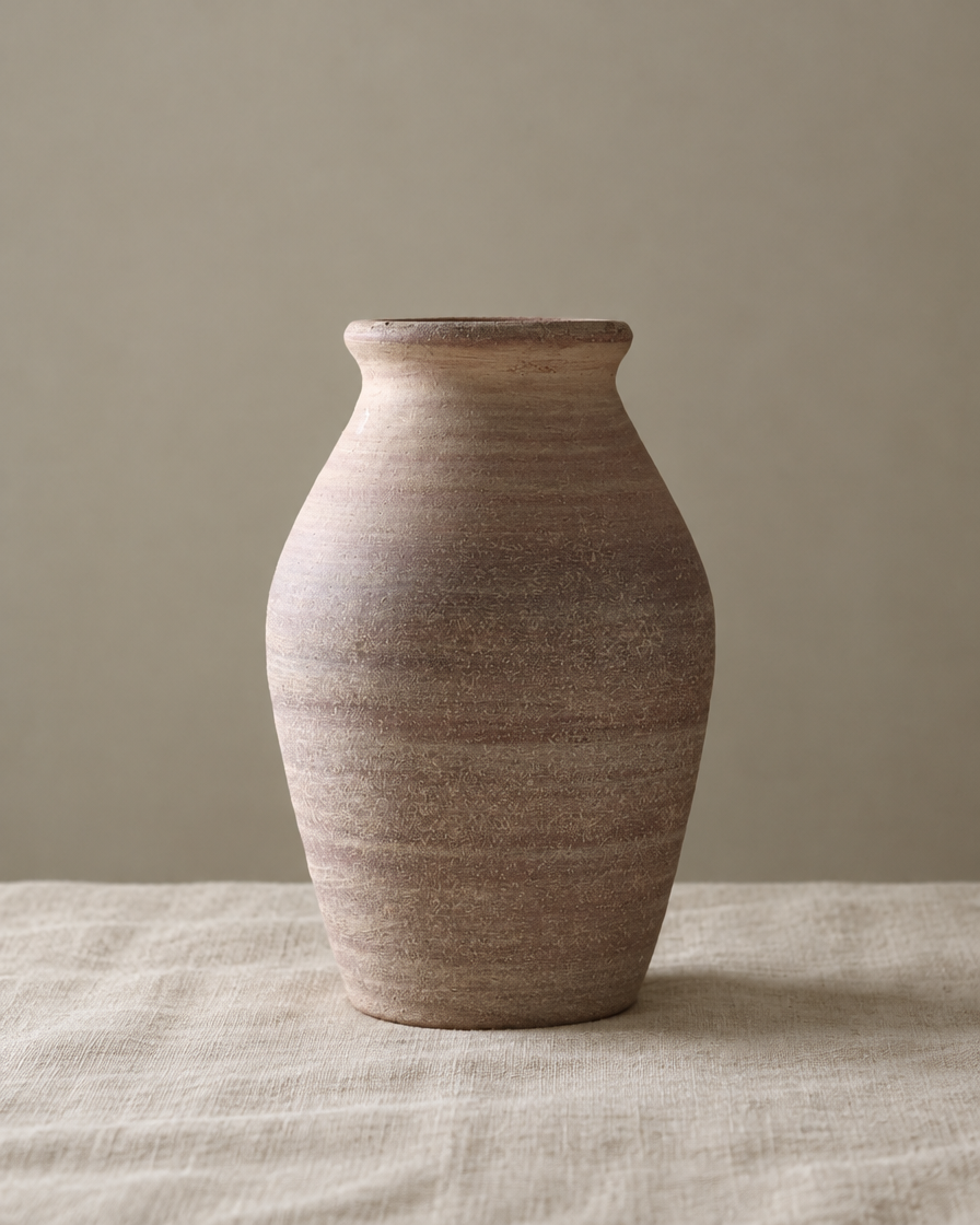 Rustic Taupe Clay Ceramic Vase, shown alone on a linen background
