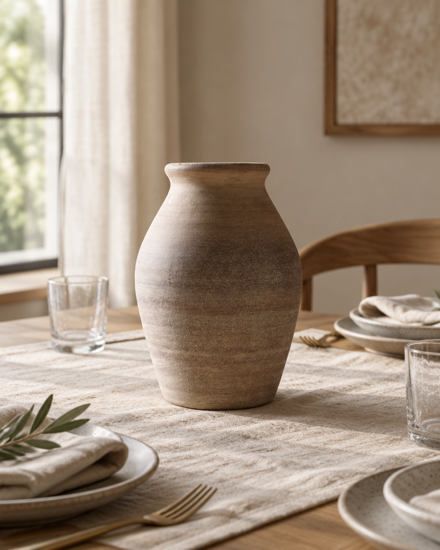 Rustic Taupe Clay Ceramic Vase on a dining table