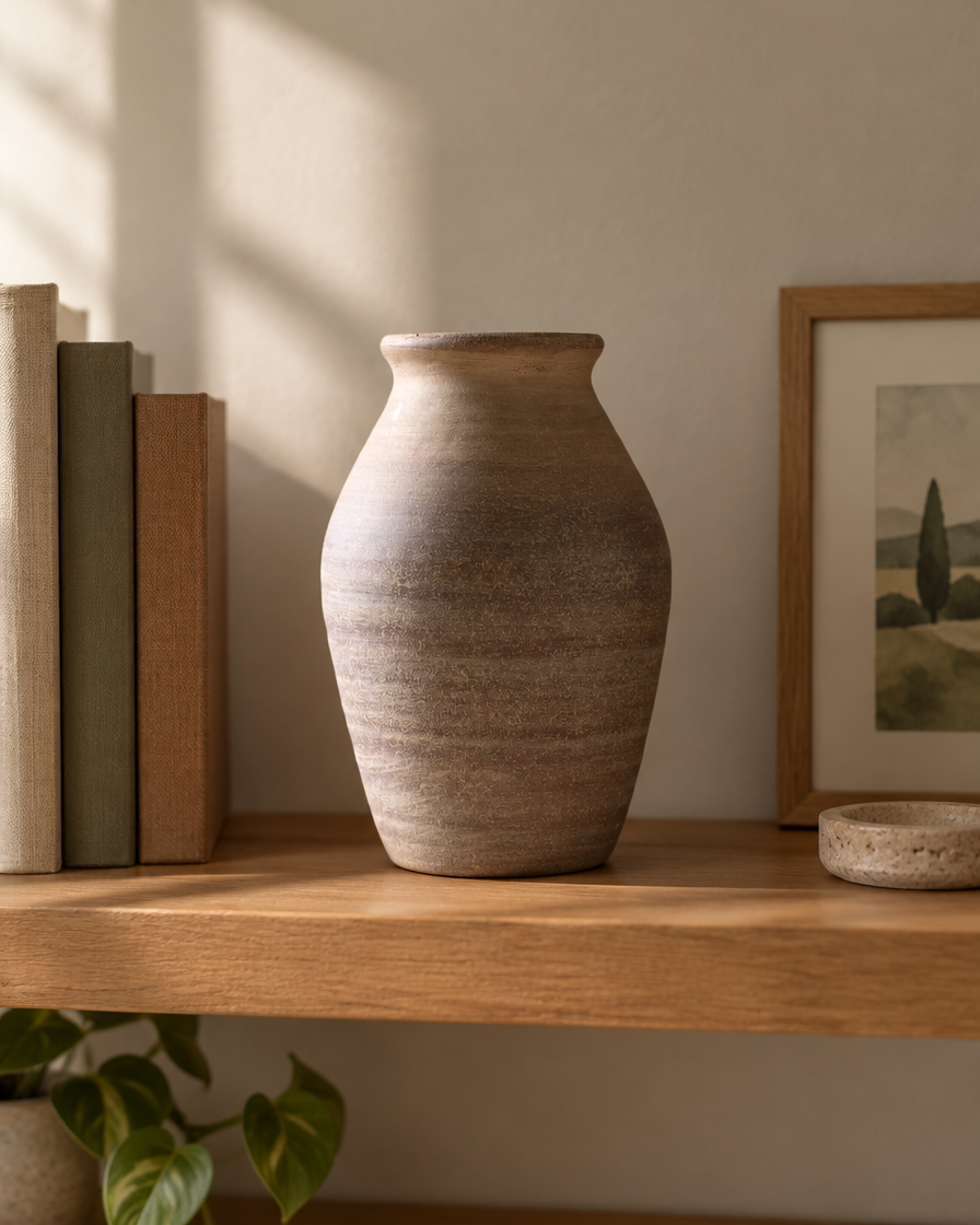 Rustic Taupe Clay Ceramic Vase on a wooden shelf