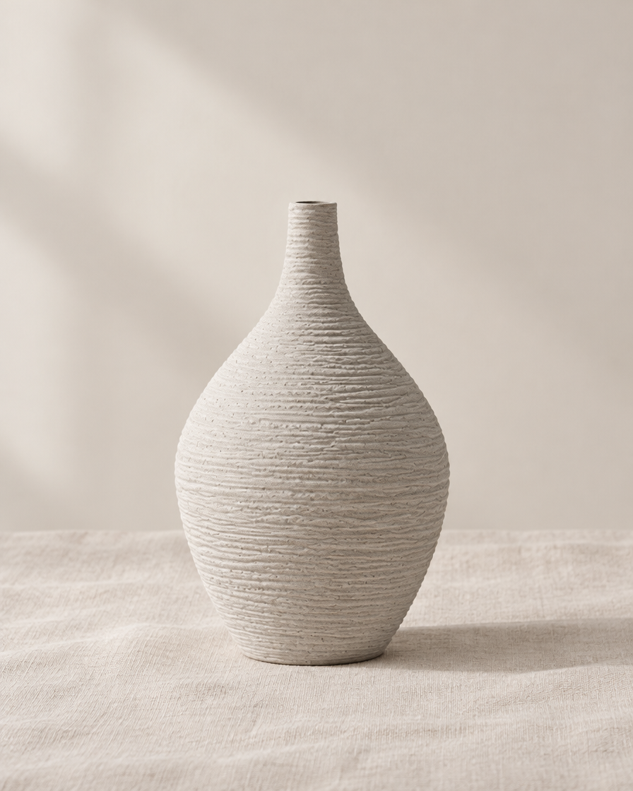 Beige Ridged Narrow-Neck Ceramic Vase, shown alone on a linen background