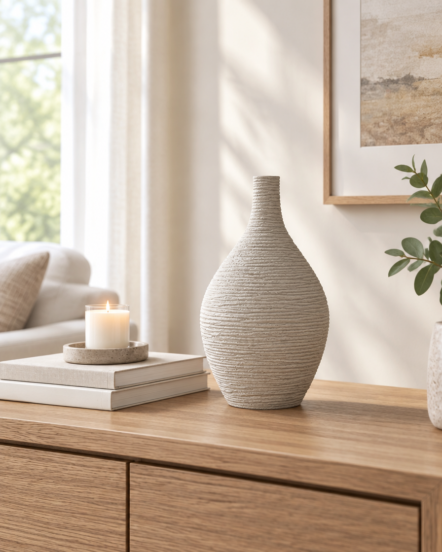 Beige Ridged Narrow-Neck Ceramic Vase on a console table