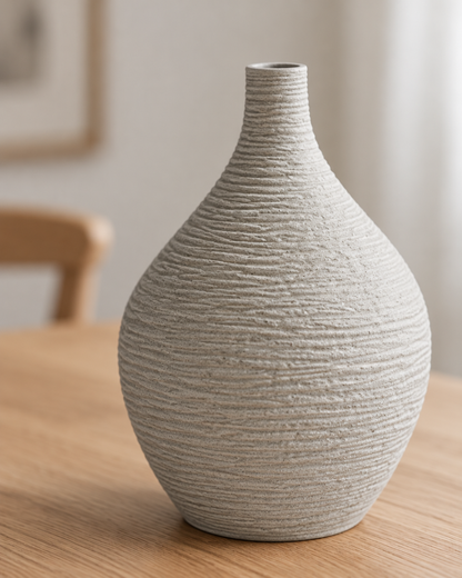 Close-up of the finish of the beige ridged narrow-neck ceramic vase