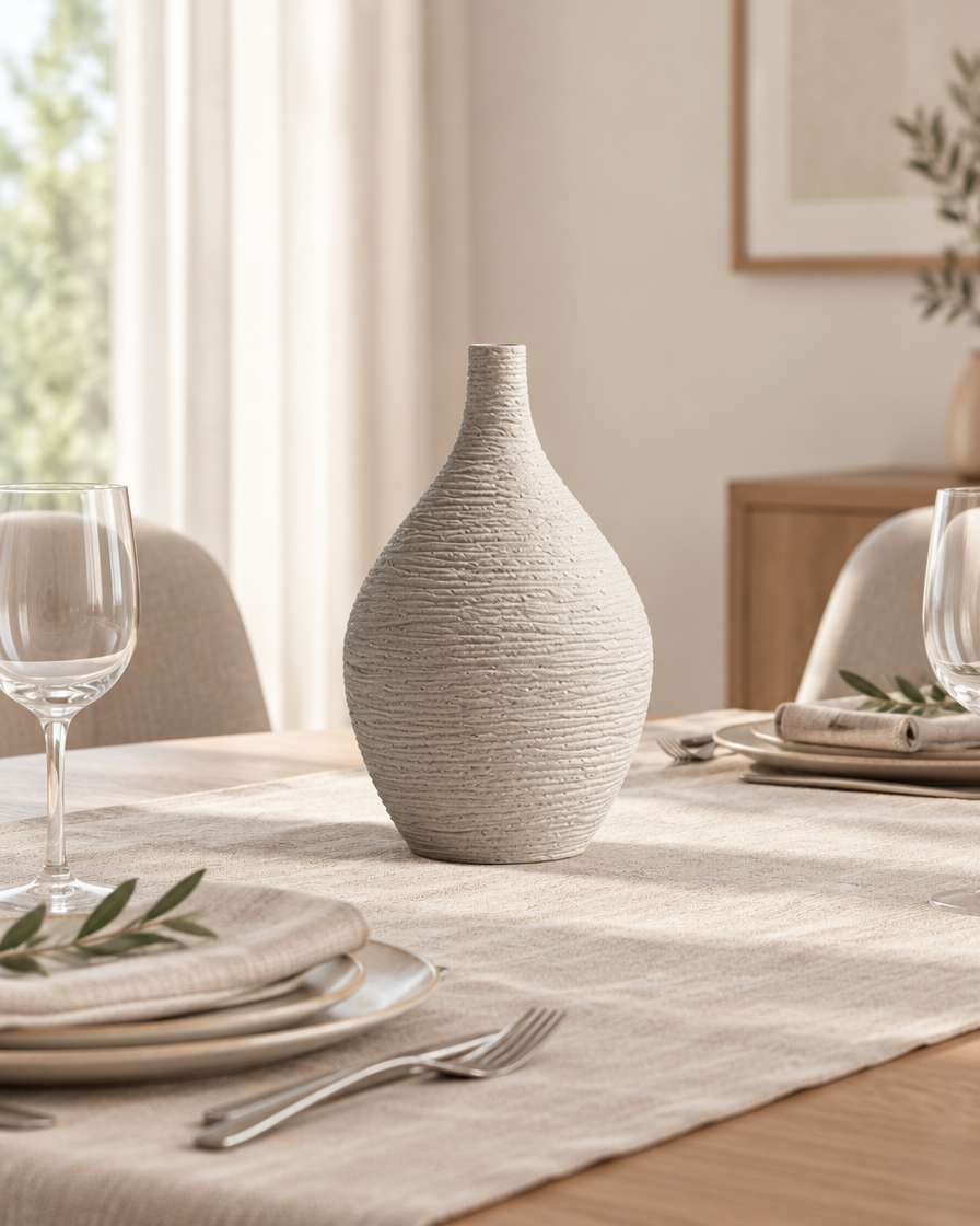 Beige Ridged Narrow-Neck Ceramic Vase on a dining table