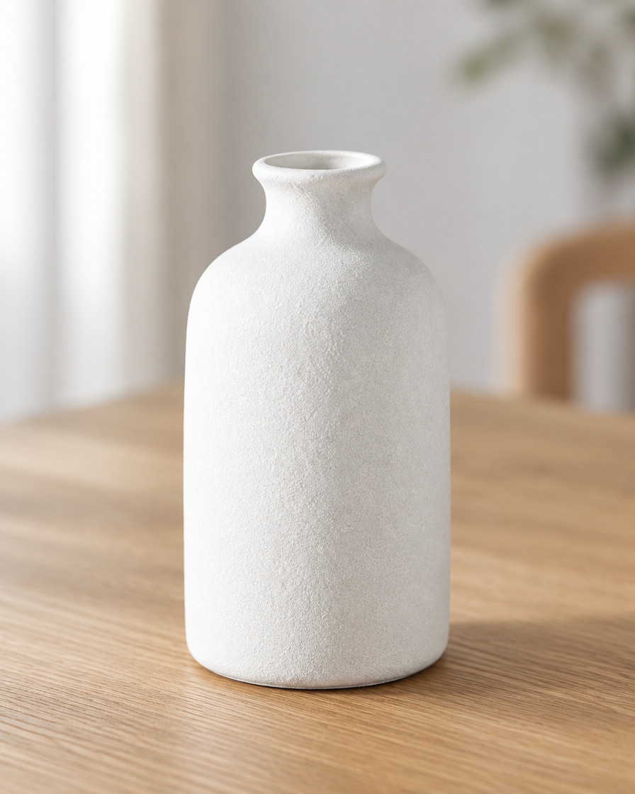 Close-up of the finish of the white frosted ceramic bottle vase