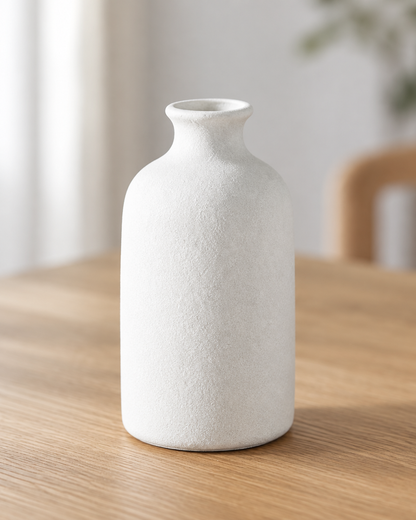Close-up of the finish of the white frosted ceramic bottle vase