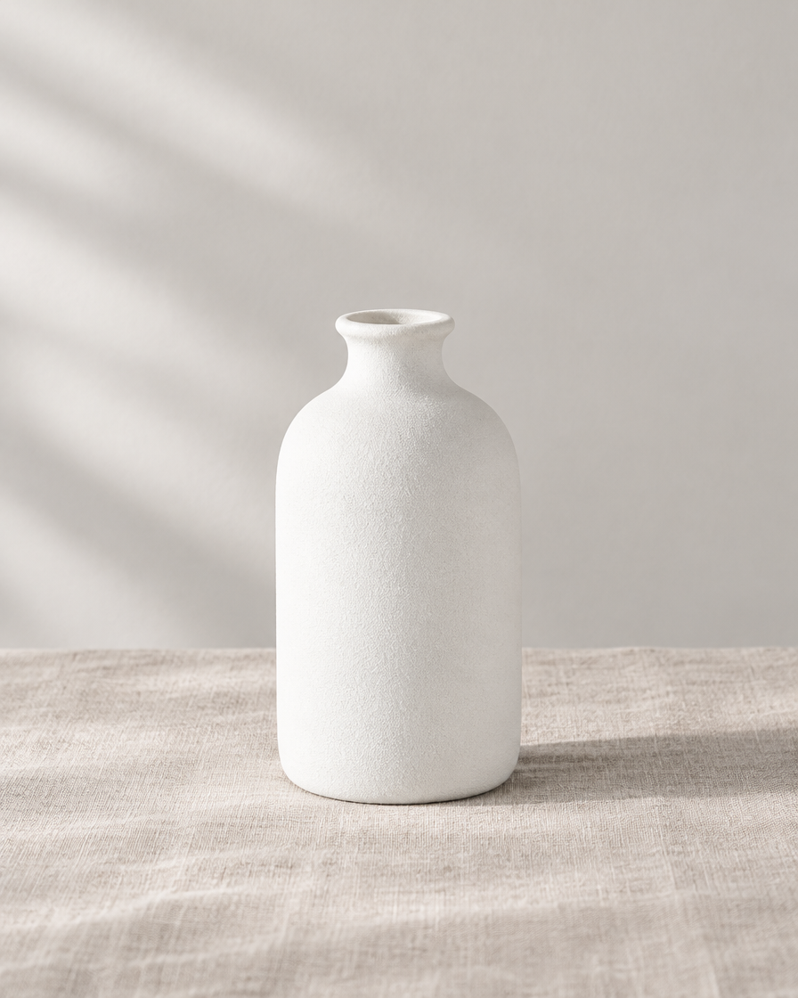 White Frosted Ceramic Bottle Vase, shown alone on a linen background