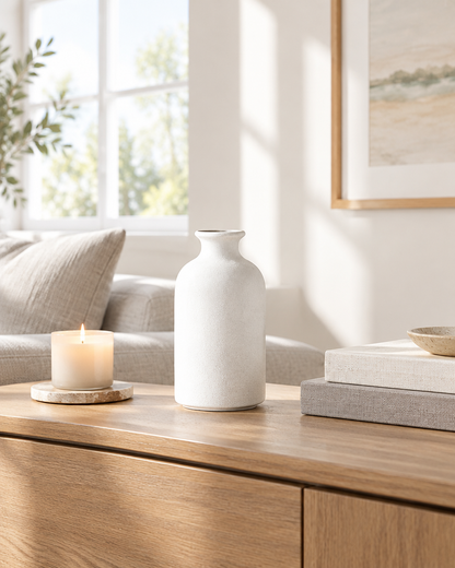 White Frosted Ceramic Bottle Vase on a console table