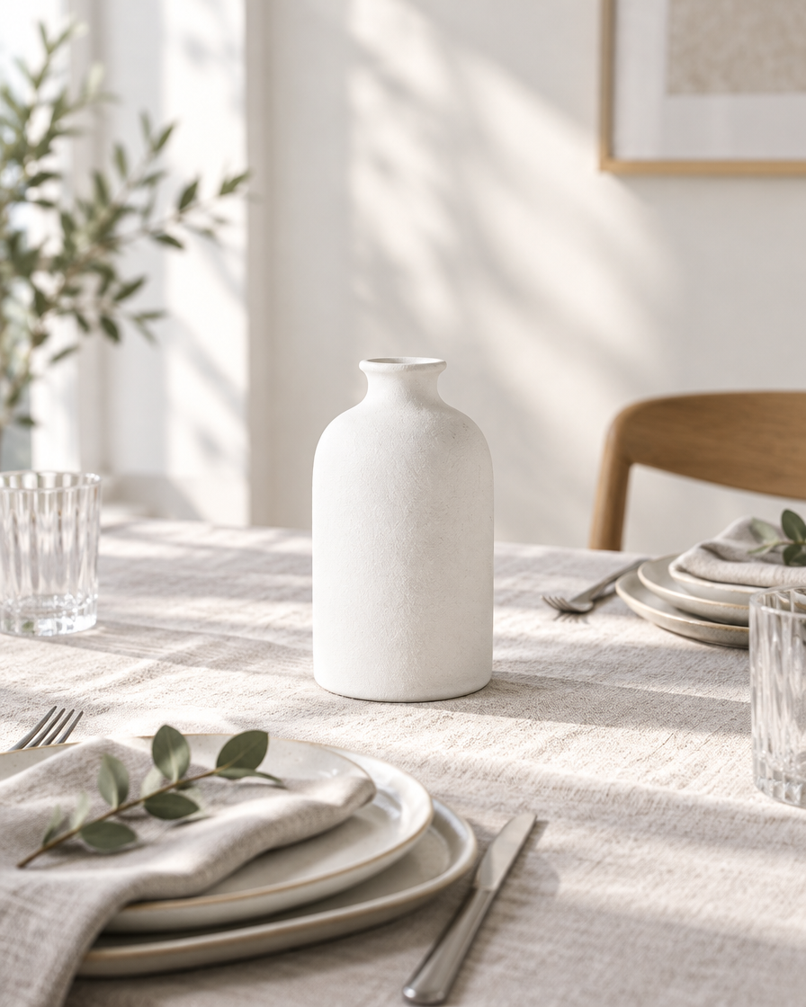 White Frosted Ceramic Bottle Vase on a dining table