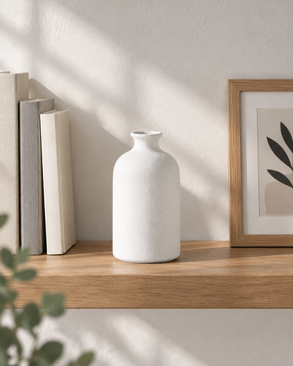 White Frosted Ceramic Bottle Vase on a wooden shelf