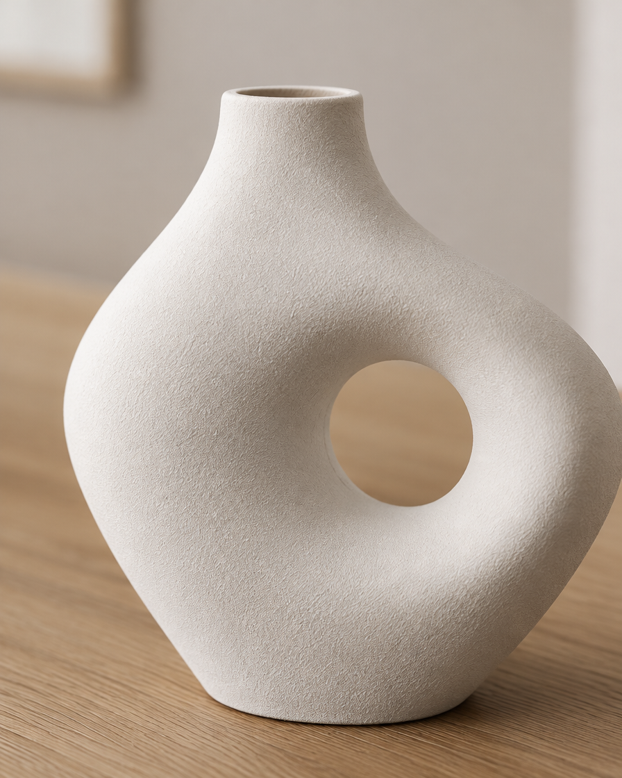 Close-up of the finish of the white organic hollow vase