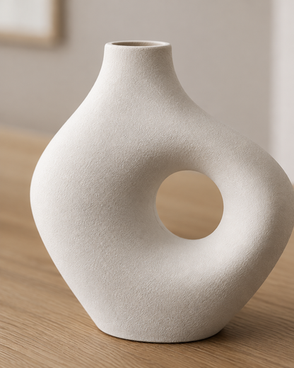 Close-up of the finish of the white organic hollow vase