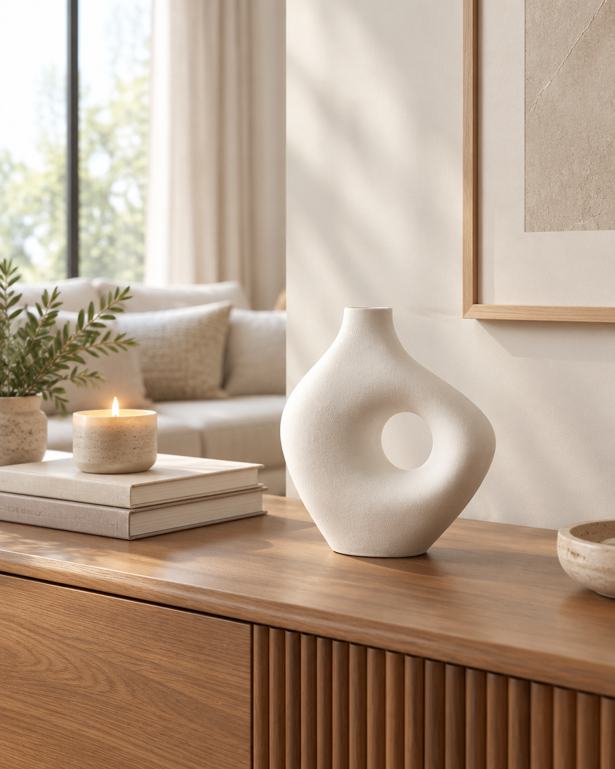 White Organic Hollow Vase on a console table