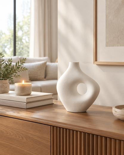 White Organic Hollow Vase on a console table