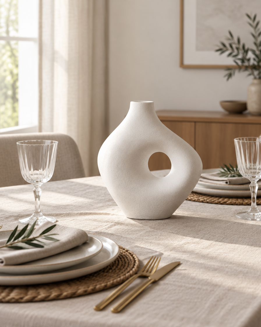 White Organic Hollow Vase on a dining table