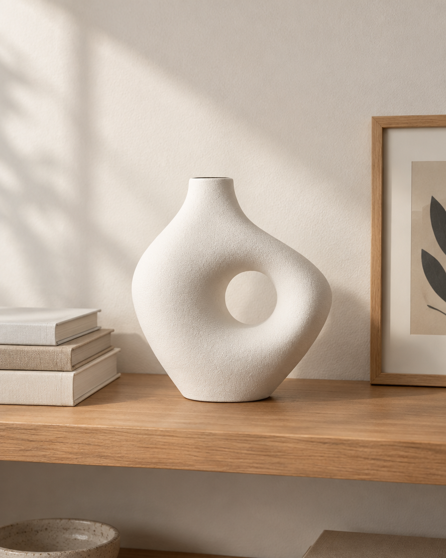 White Organic Hollow Vase on a wooden shelf