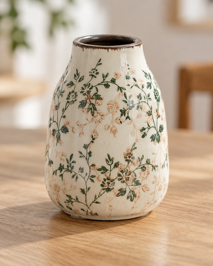 Close-up of the finish of the green floral crackle glaze ceramic vase