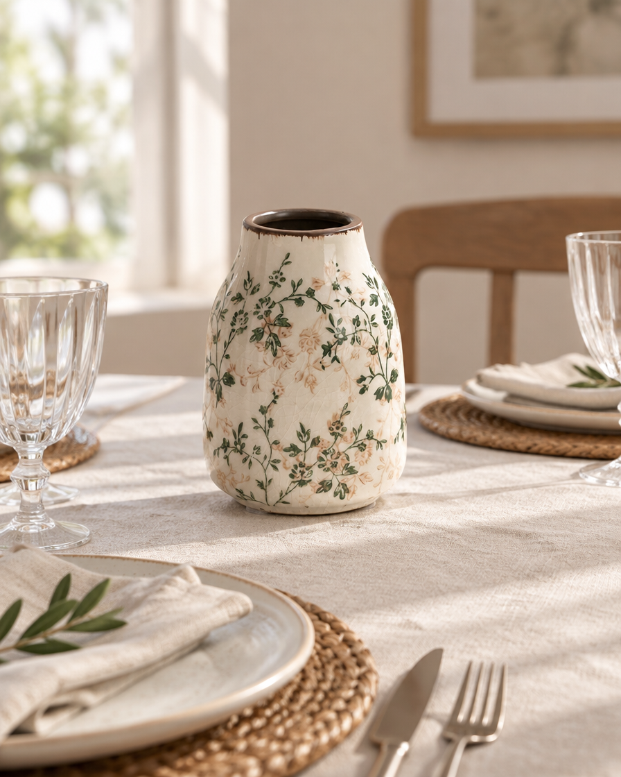 Green Floral Crackle Glaze Ceramic Vase on a dining table