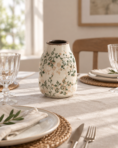 Green Floral Crackle Glaze Ceramic Vase on a dining table