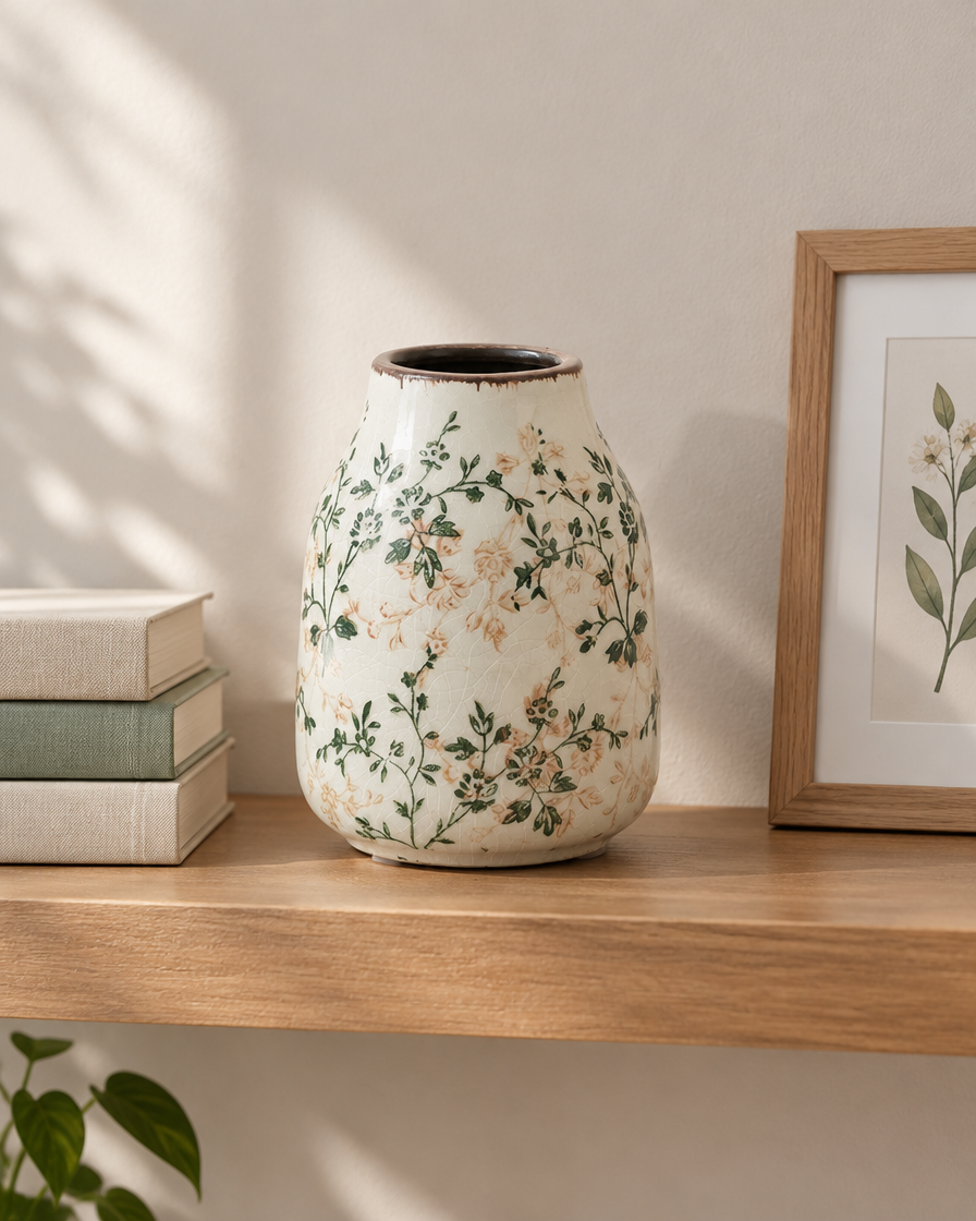 Green Floral Crackle Glaze Ceramic Vase on a wooden shelf