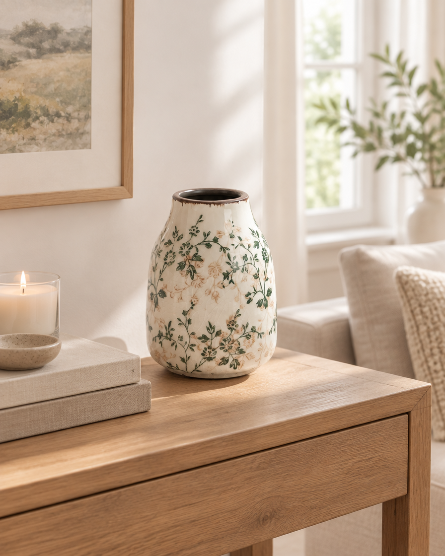 Green Floral Crackle Glaze Ceramic Vase on a console table