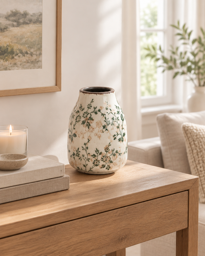 Green Floral Crackle Glaze Ceramic Vase on a console table