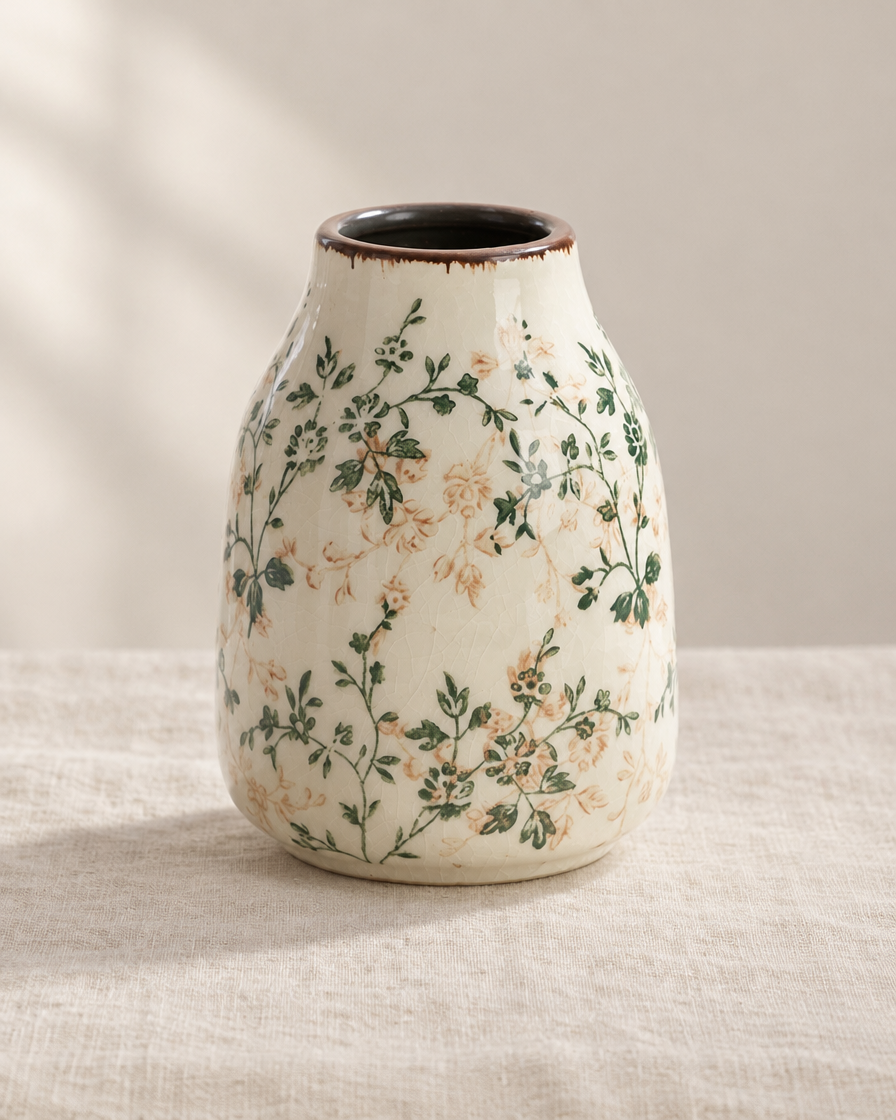 Green Floral Crackle Glaze Ceramic Vase, shown alone on a linen background