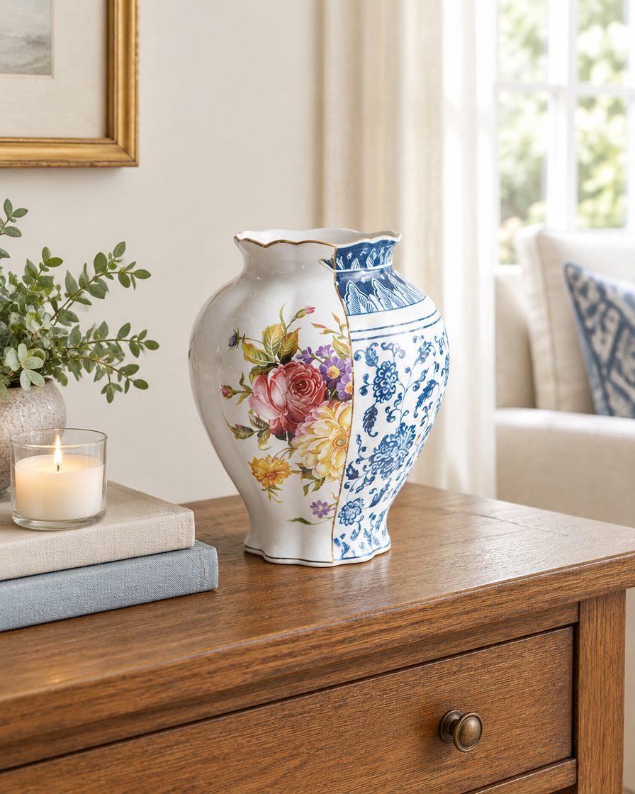 Blue and White Split Floral Vase on a console table