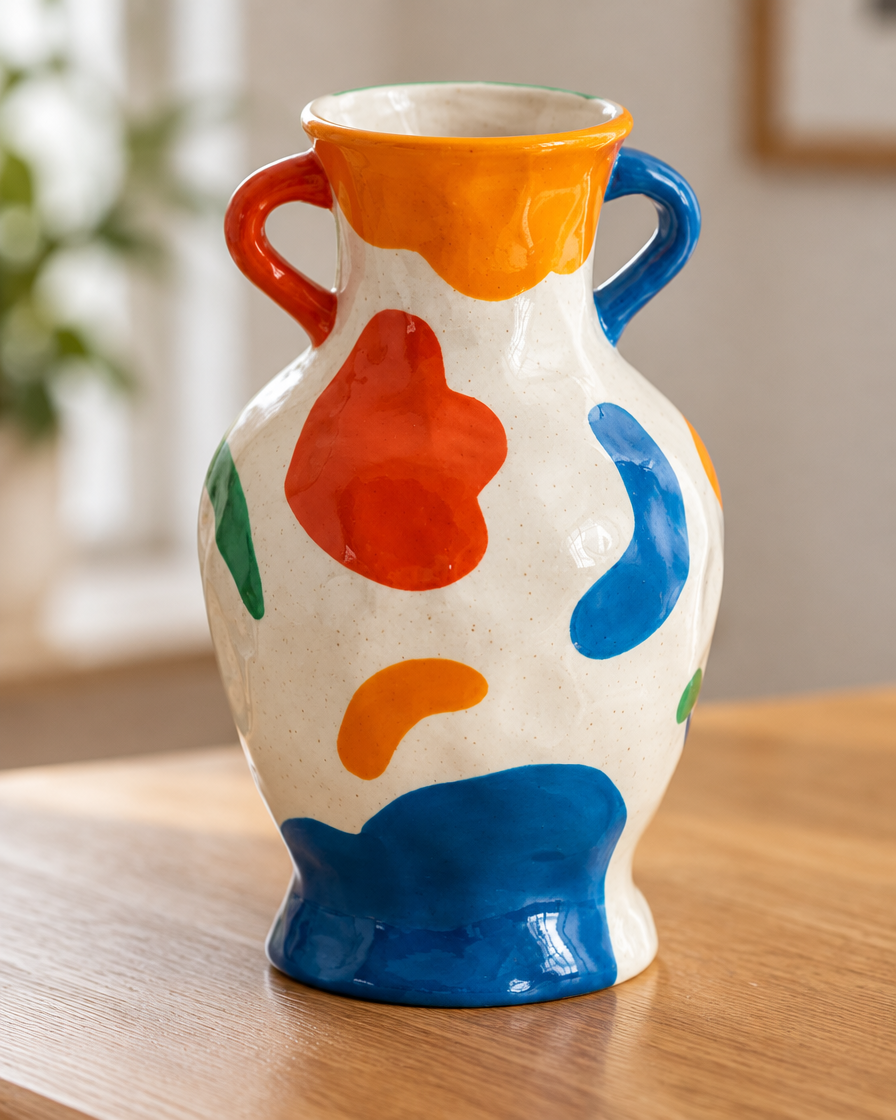 Close-up of the finish of the colourful abstract ceramic vase with two handles