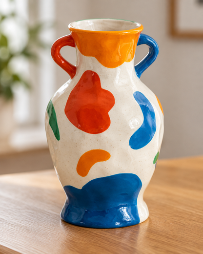 Close-up of the finish of the colourful abstract ceramic vase with two handles