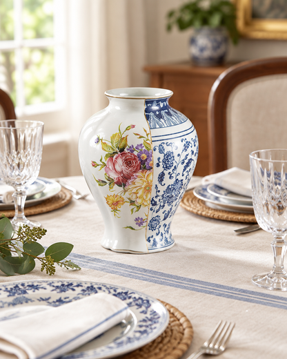 Blue and White Split Floral Vase on a dining table