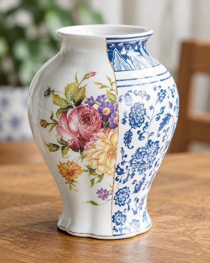 Close-up of the finish of the blue and white split floral vase