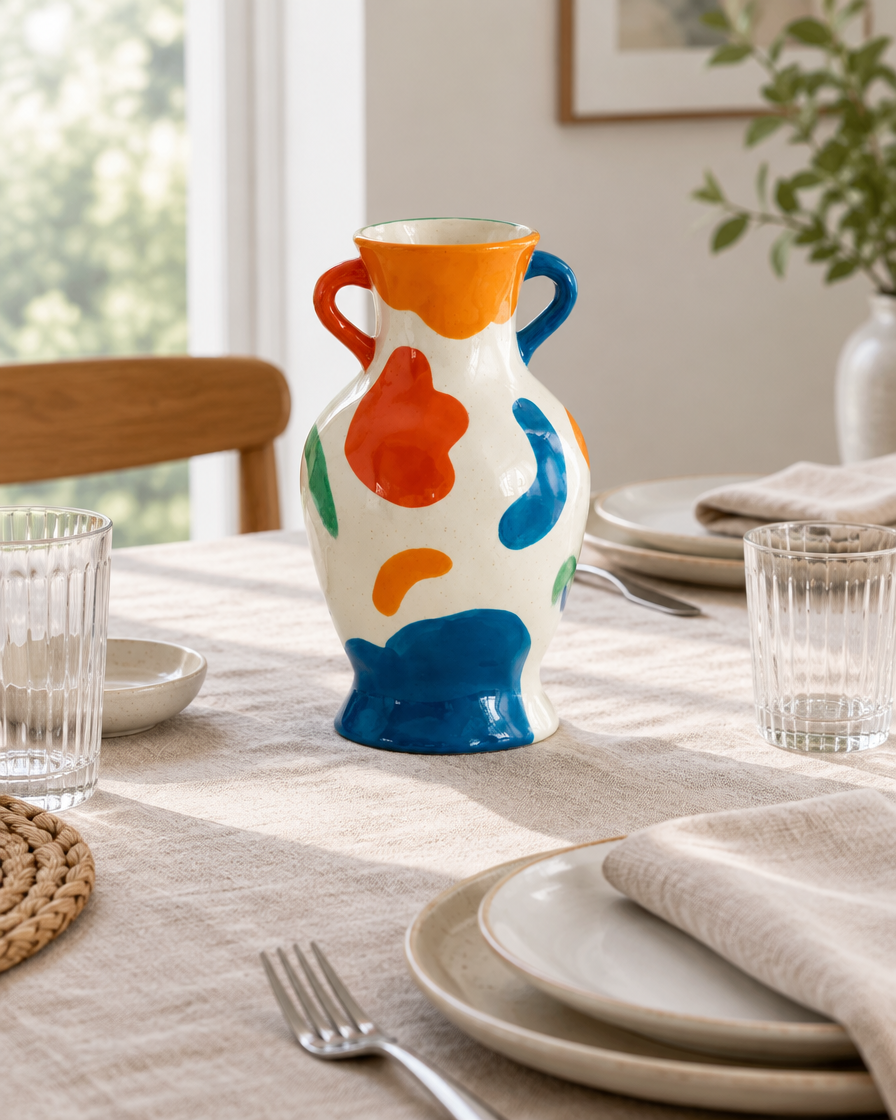 Colourful Abstract Ceramic Vase with Two Handles on a dining table