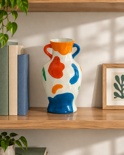 Colourful Abstract Ceramic Vase with Two Handles on a wooden shelf