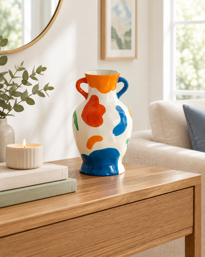 Colourful Abstract Ceramic Vase with Two Handles on a console table