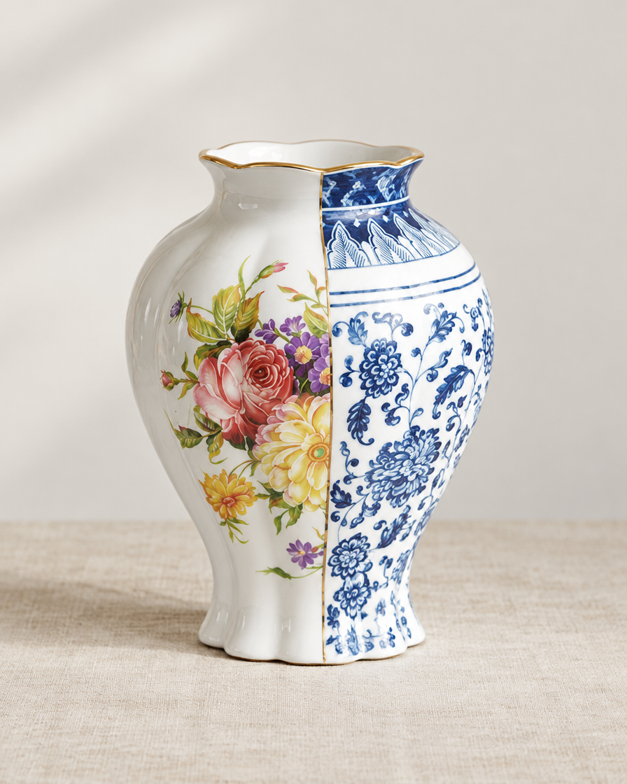 Blue and White Split Floral Vase, shown alone on a linen background