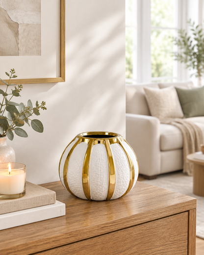 White Pumpkin Vase with Gold Stripes on a console table